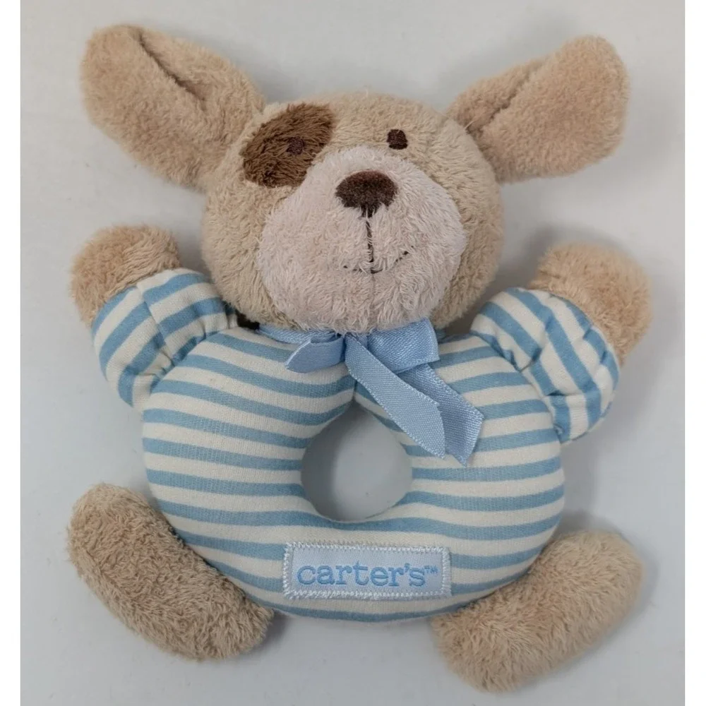 Carters Just One Year Baby Rattle Plush Puppy Dog Blue Stripe Ring Prestige Toy